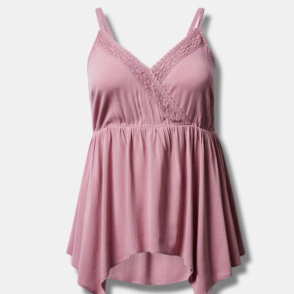 Babydoll Rayon Slub Surplice Lace Trim Cami - Picture 1 of 5